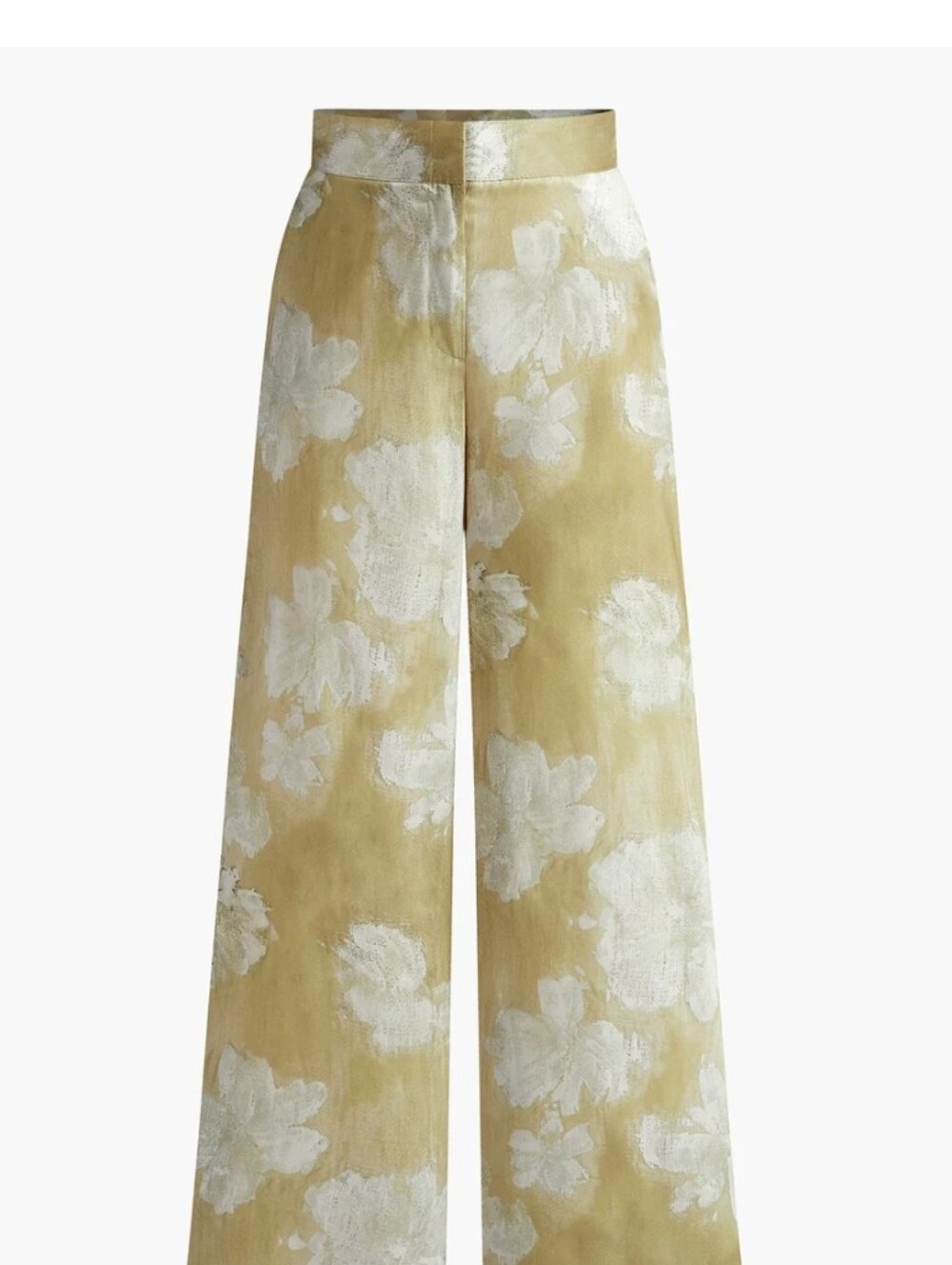 Commense Wide-Leg Floral Jacquard Pants in Mustard and White
